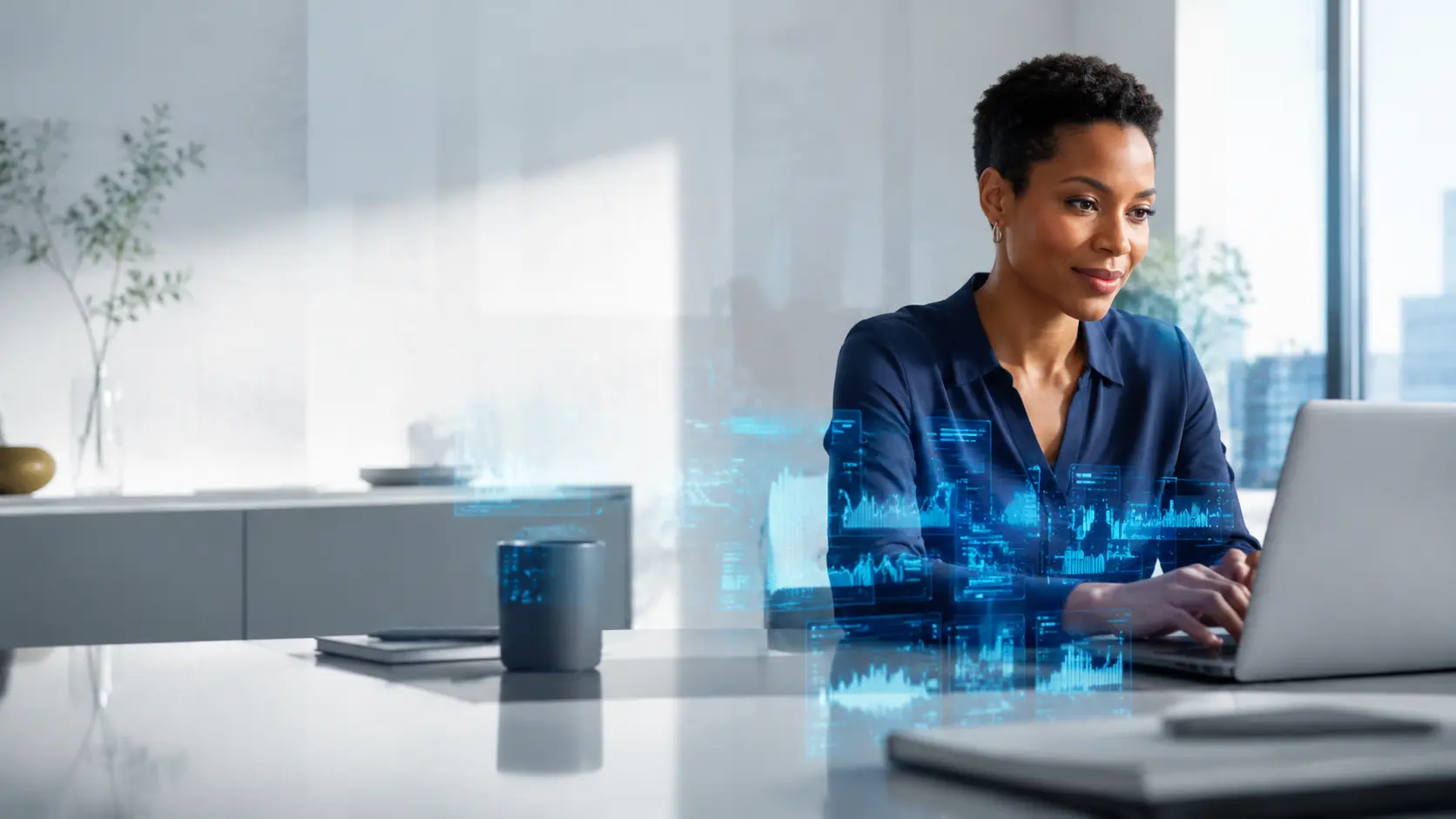 Small-business owner using modern technology with AI-assisted insights