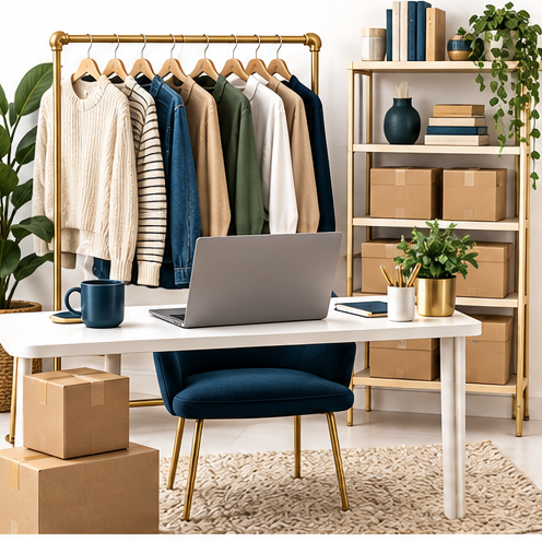 Conceptual AI illustration of an organized reseller workspace